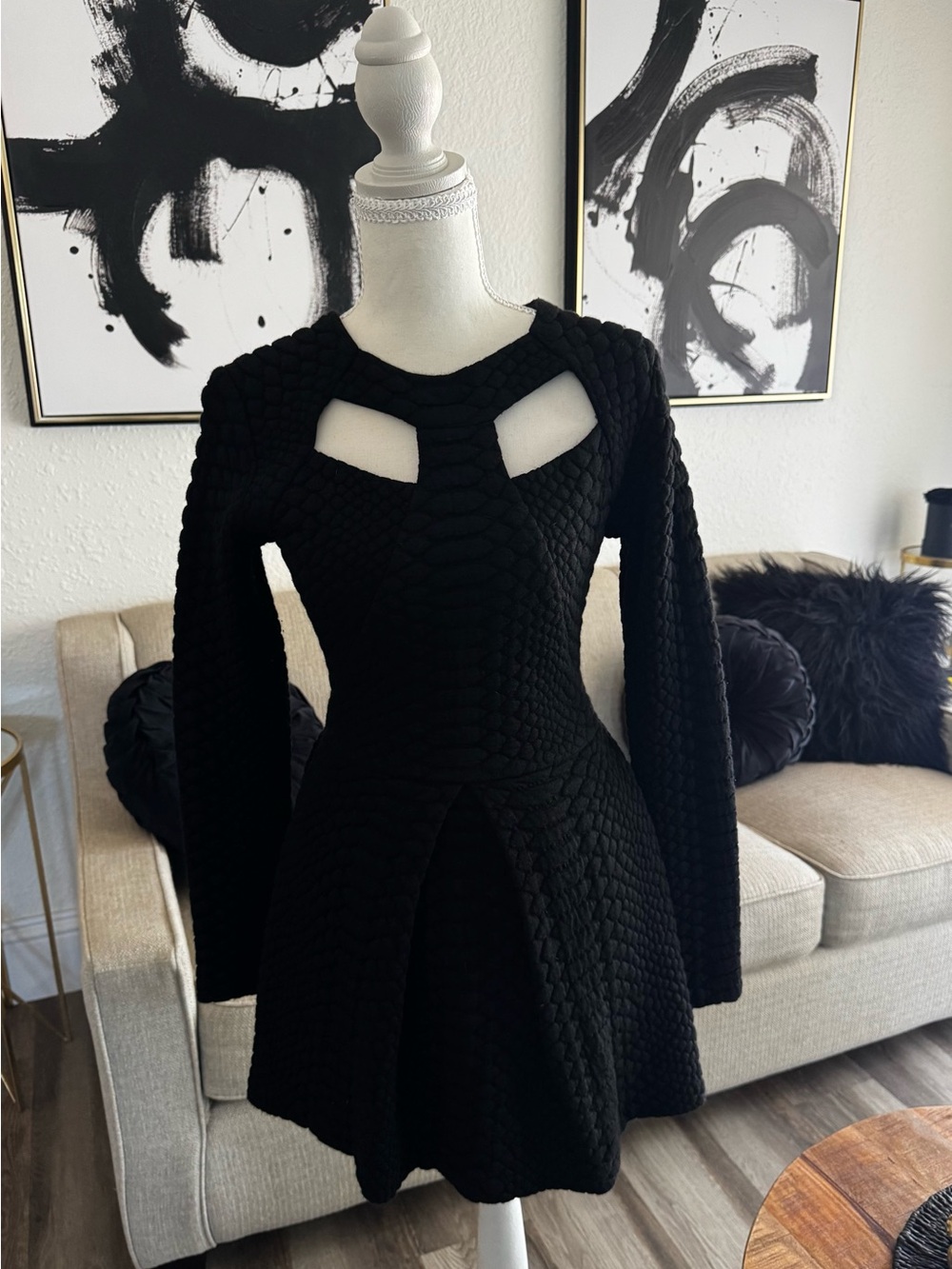 Alexis Black Textured Cutout Knit Skater Dress